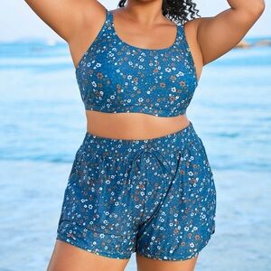 Sea fancy Floral Scoop Neck Stylish Bikini Top With Boy Short Set